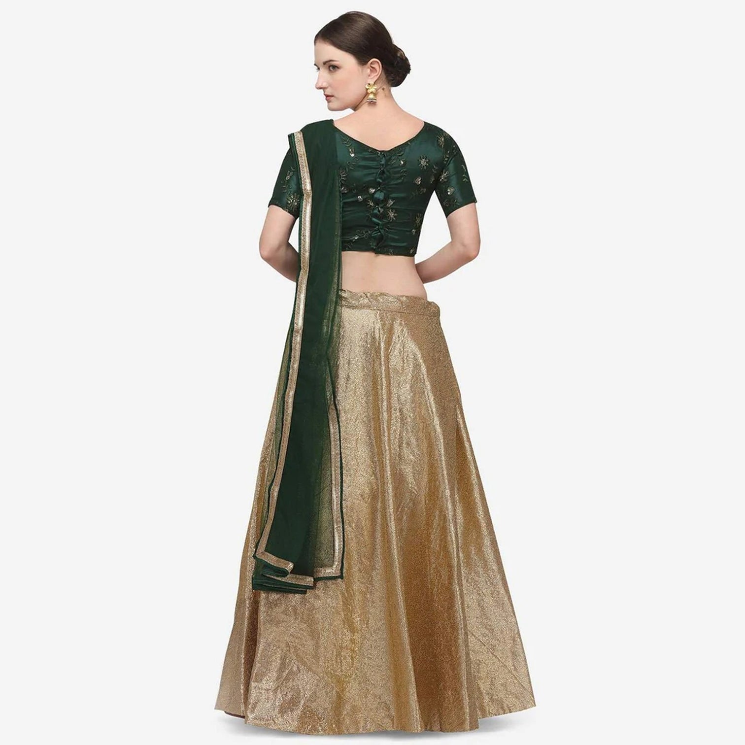 Gold And Green Indore Silk Lehenga Choli with Net Dupatta
