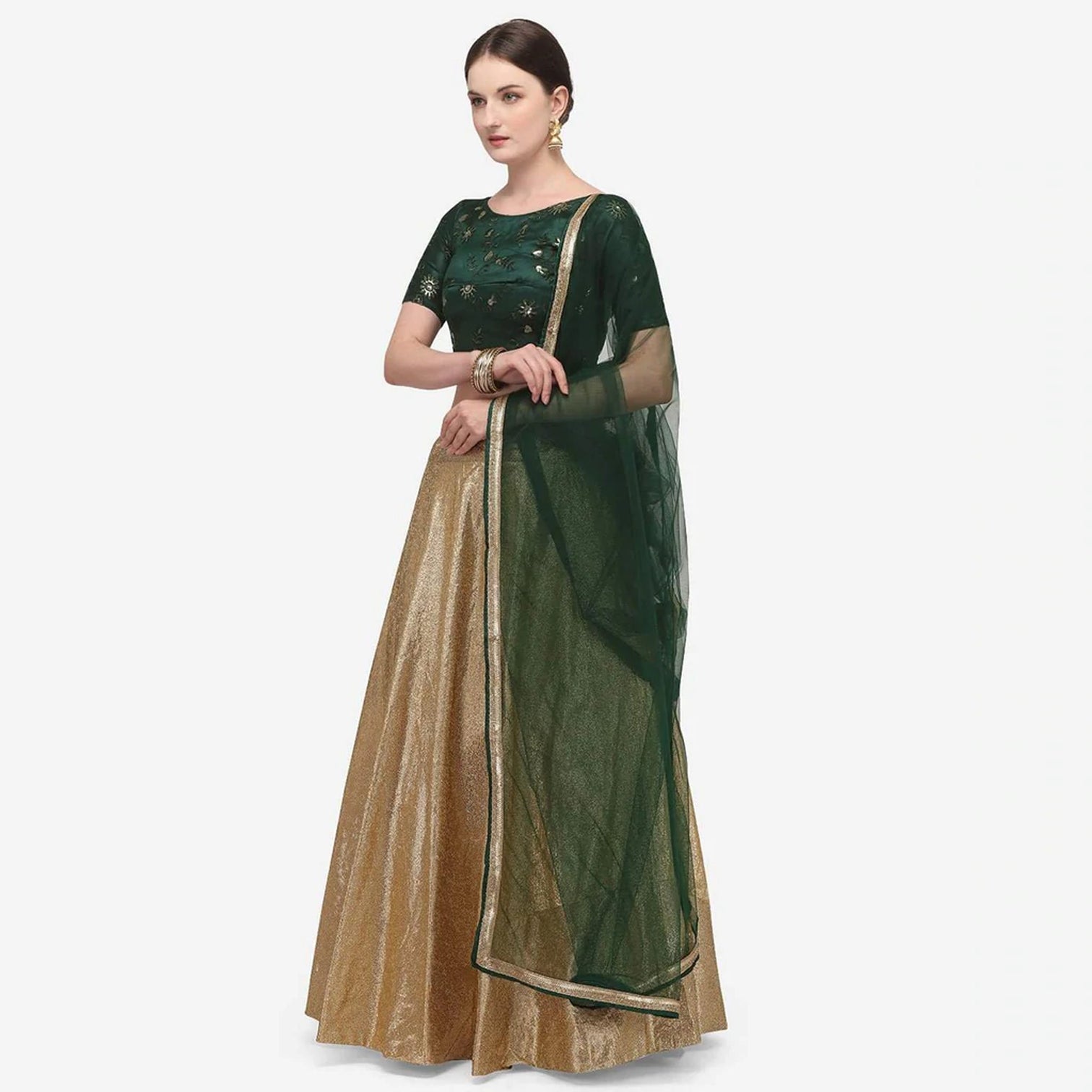 Gold And Green Indore Silk Lehenga Choli with Net Dupatta