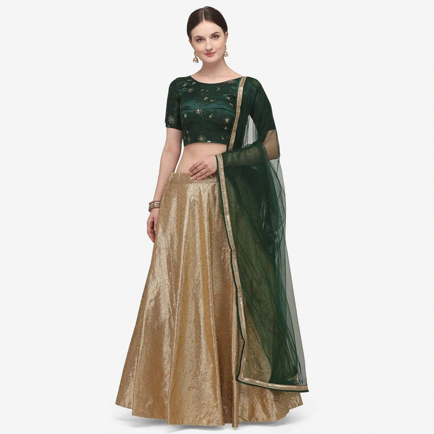 Gold And Green Indore Silk Lehenga Choli with Net Dupatta