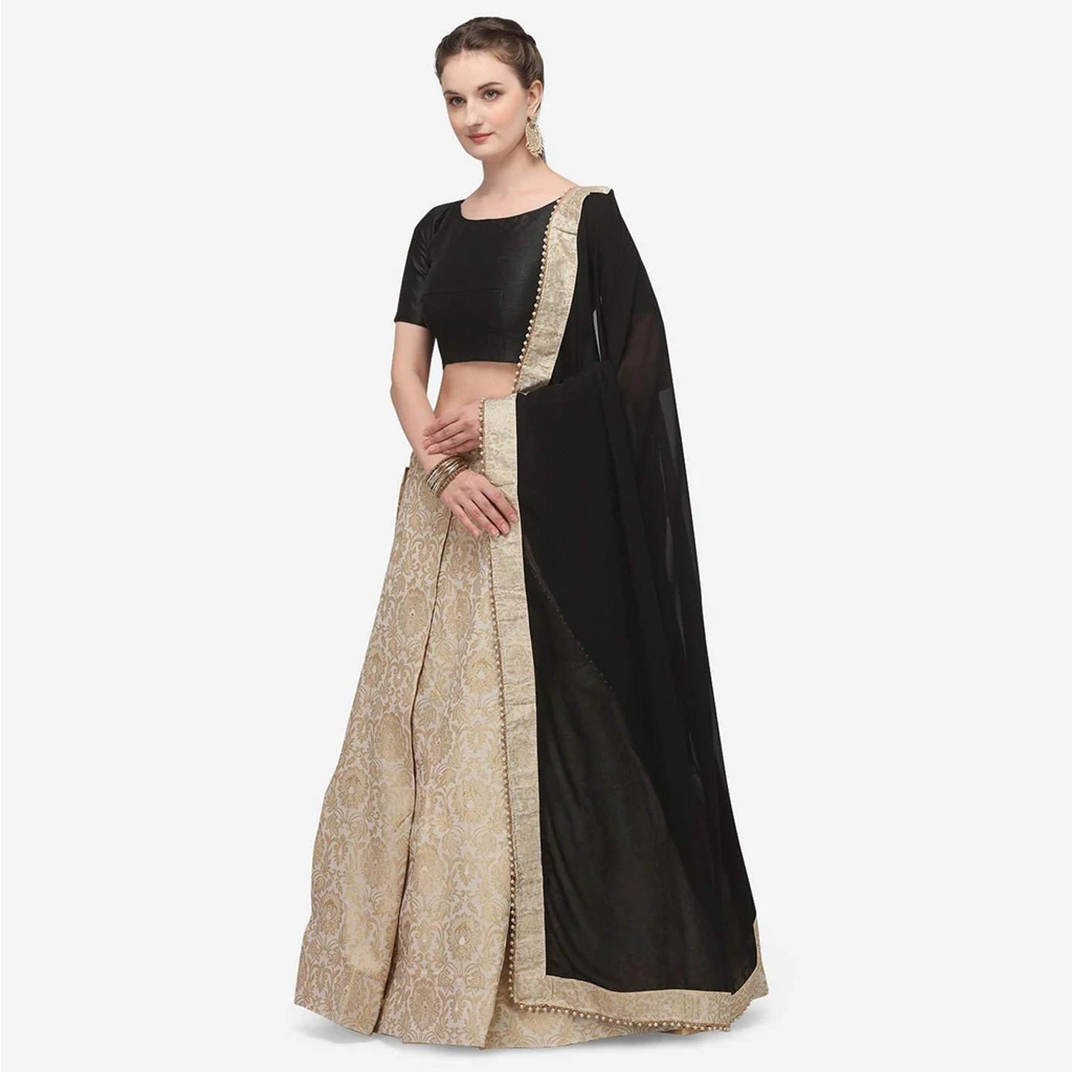 Gold Color Banarasi Lehenga with Black Blouse