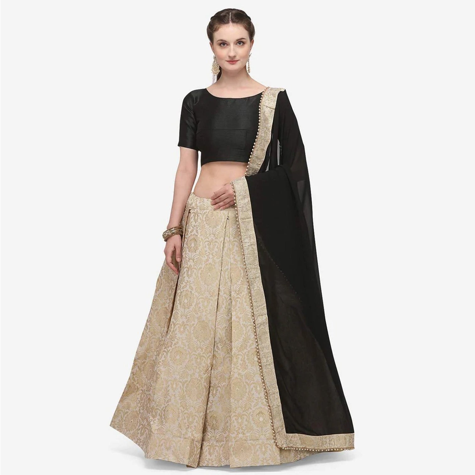 Gold Color Banarasi Lehenga with Black Blouse