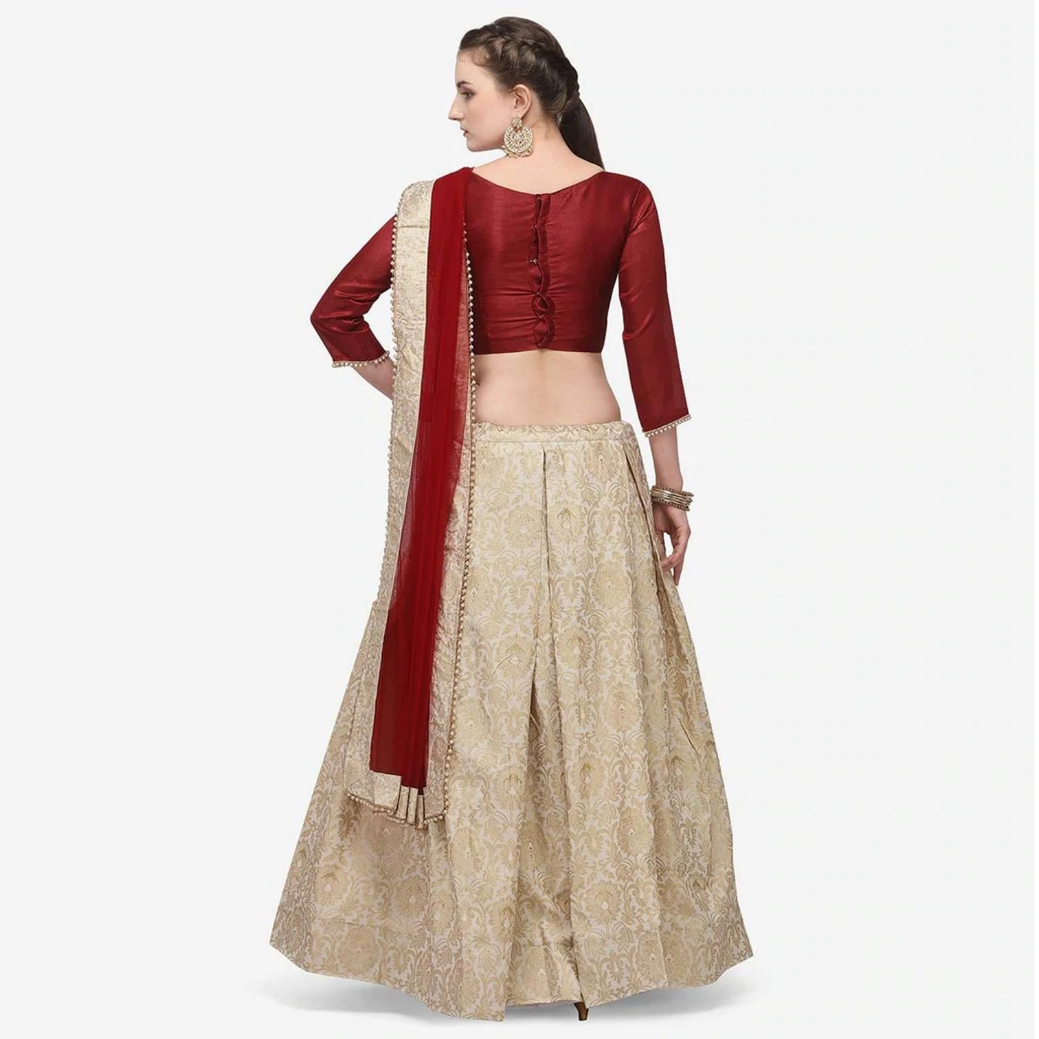 Gold Color Banarasi Lehenga with Red Blouse