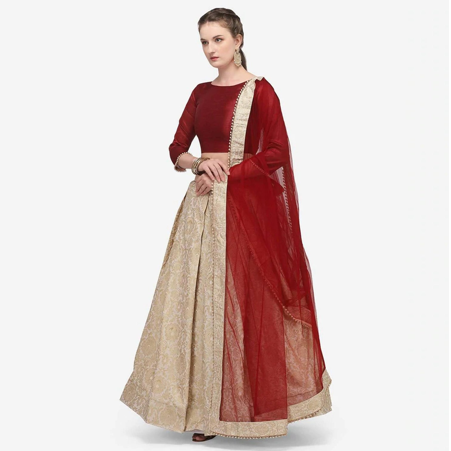 Gold Color Banarasi Lehenga with Red Blouse