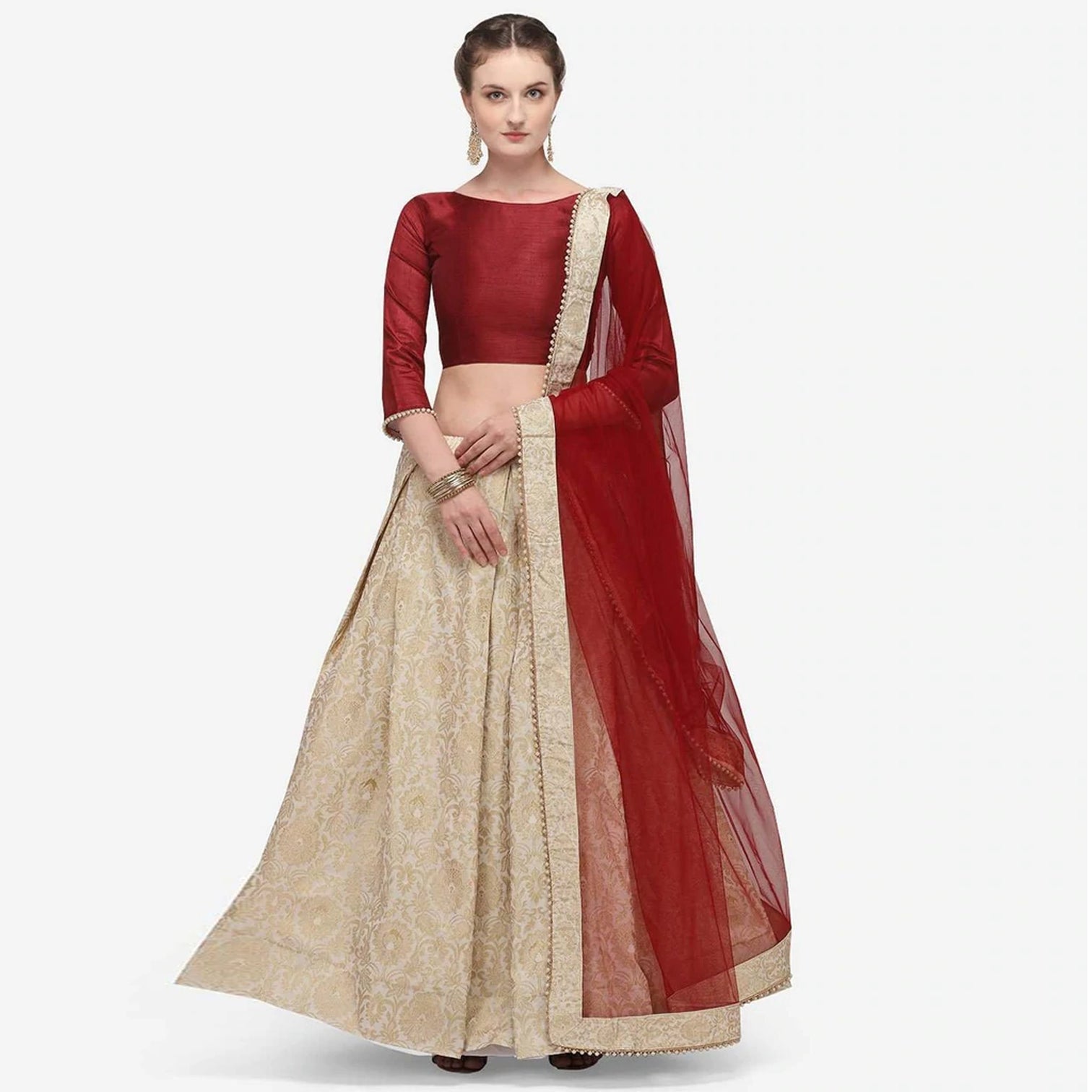 Gold Color Banarasi Lehenga with Red Blouse