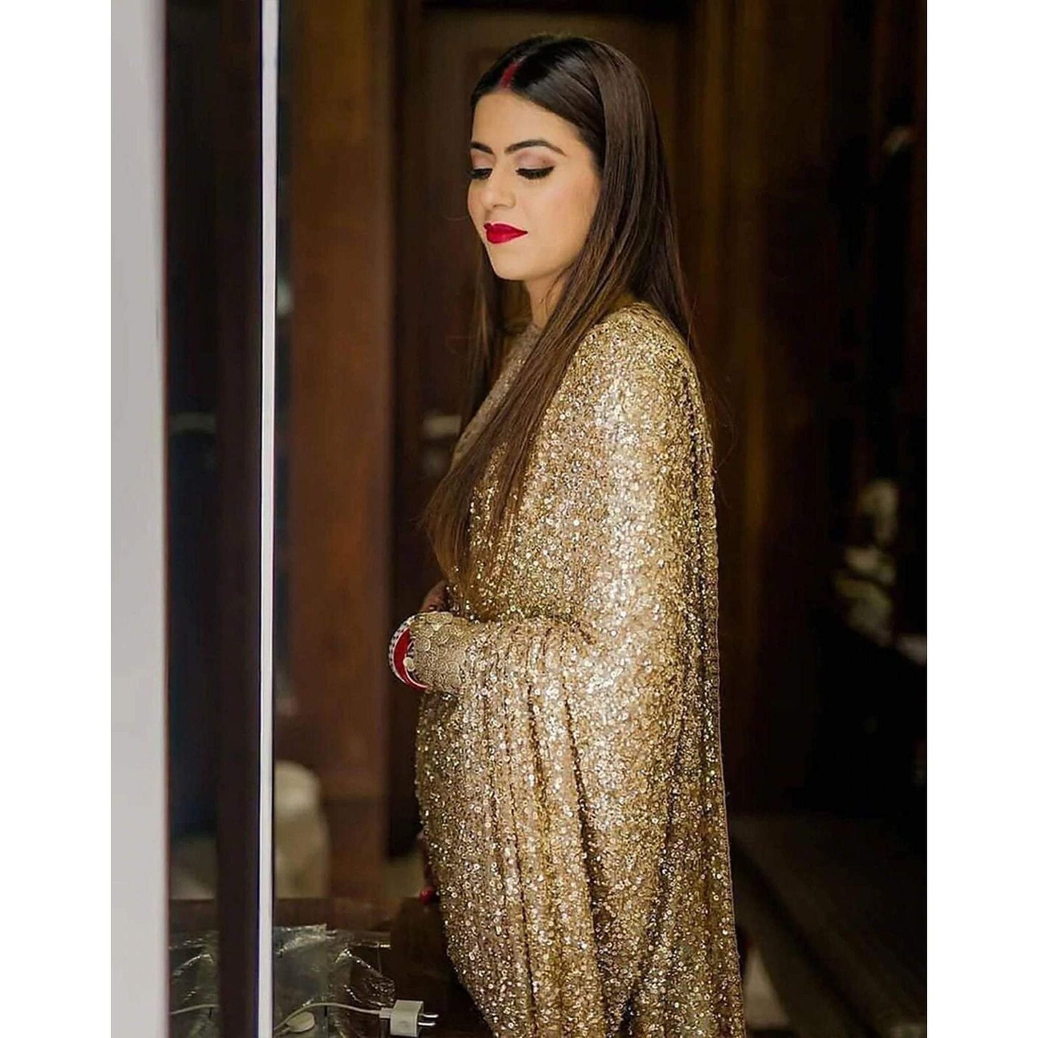 Gold Color Shimmer Party Wear Glitter Sequence Saree for Wedding