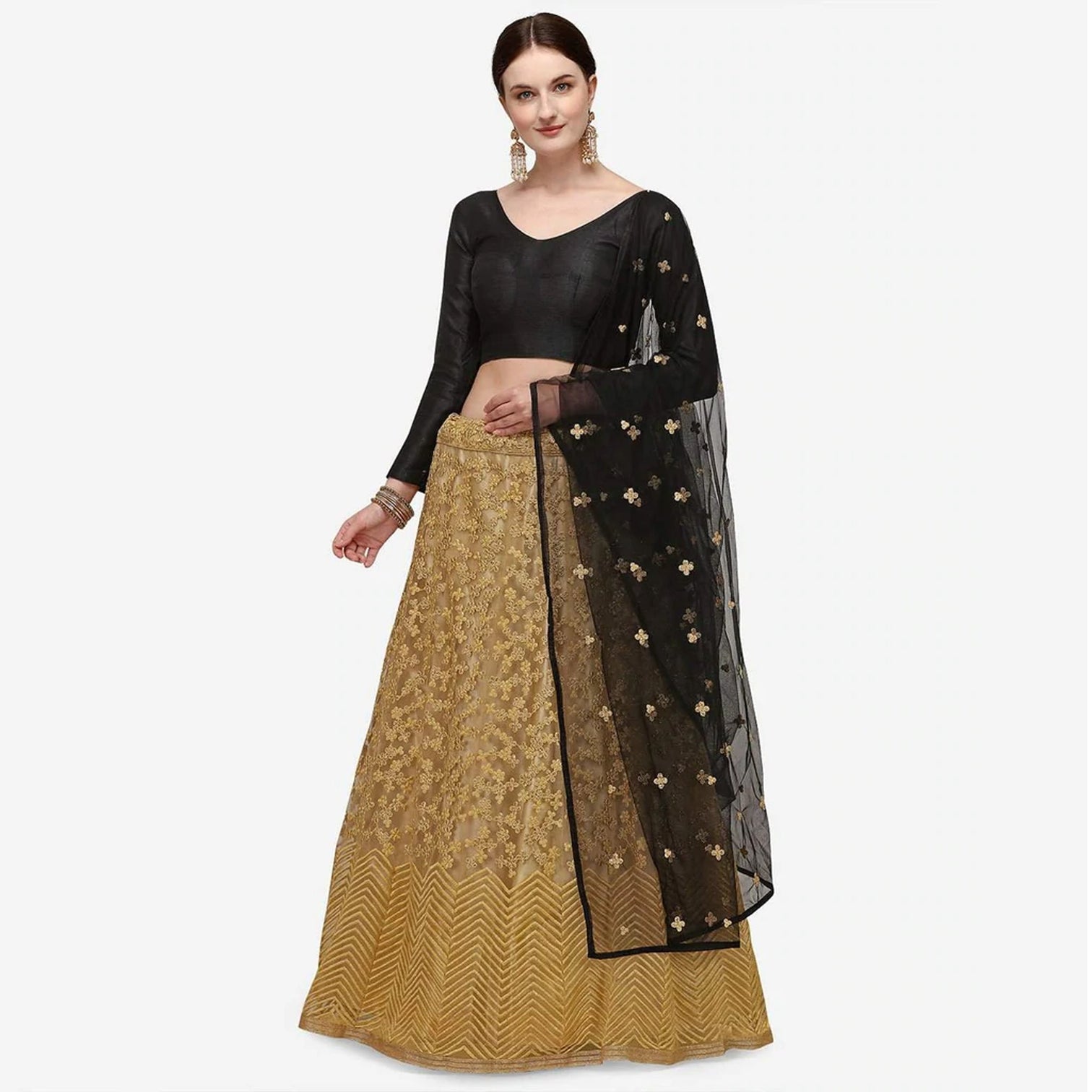 Gold Lehenga with Embroidery Work and Black Top