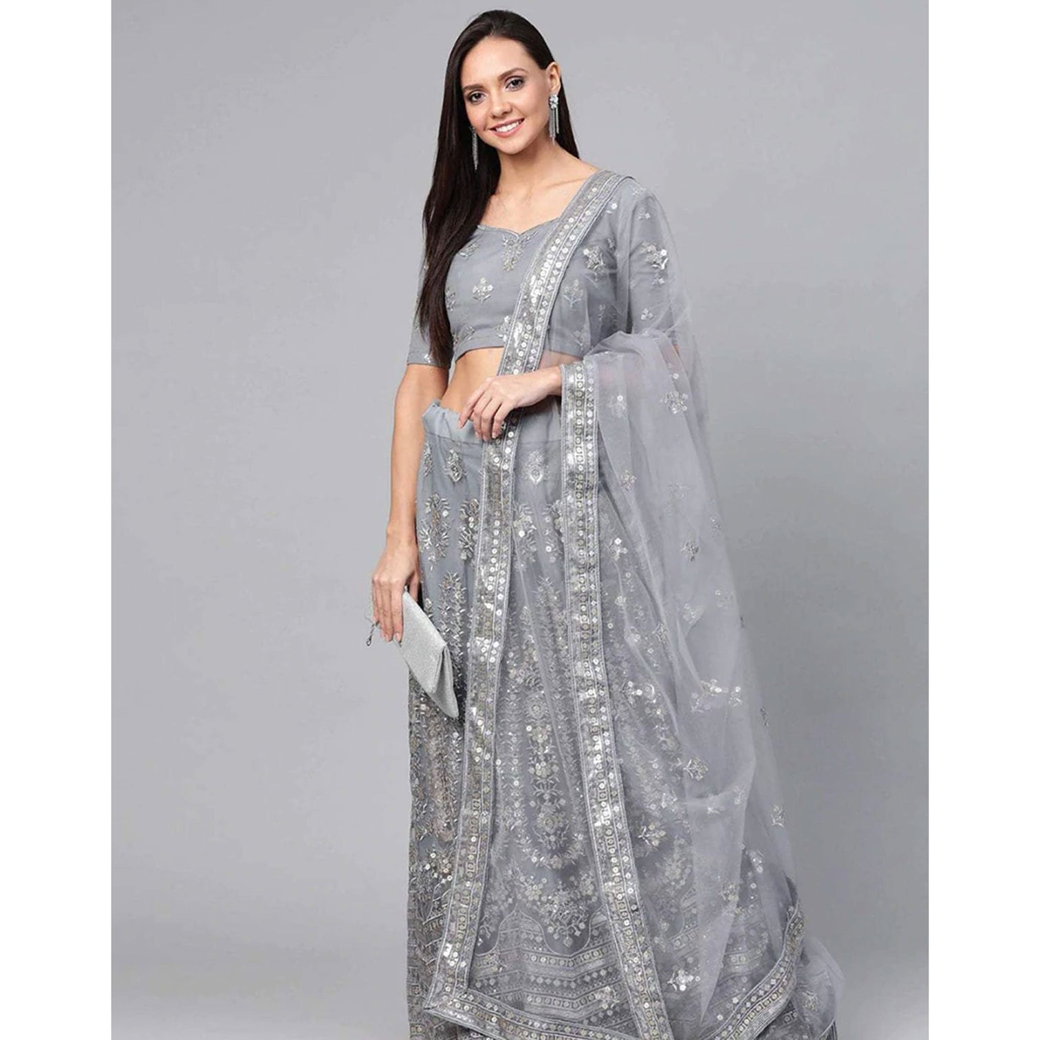 Regent Grey Thread, Sequence and Zari Work Lehenga choli