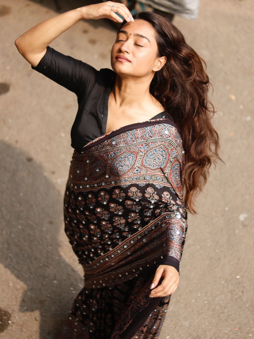 Black ajrakh printed modal silk saree with tassels attached blouse traditional ethnic festive wear saree