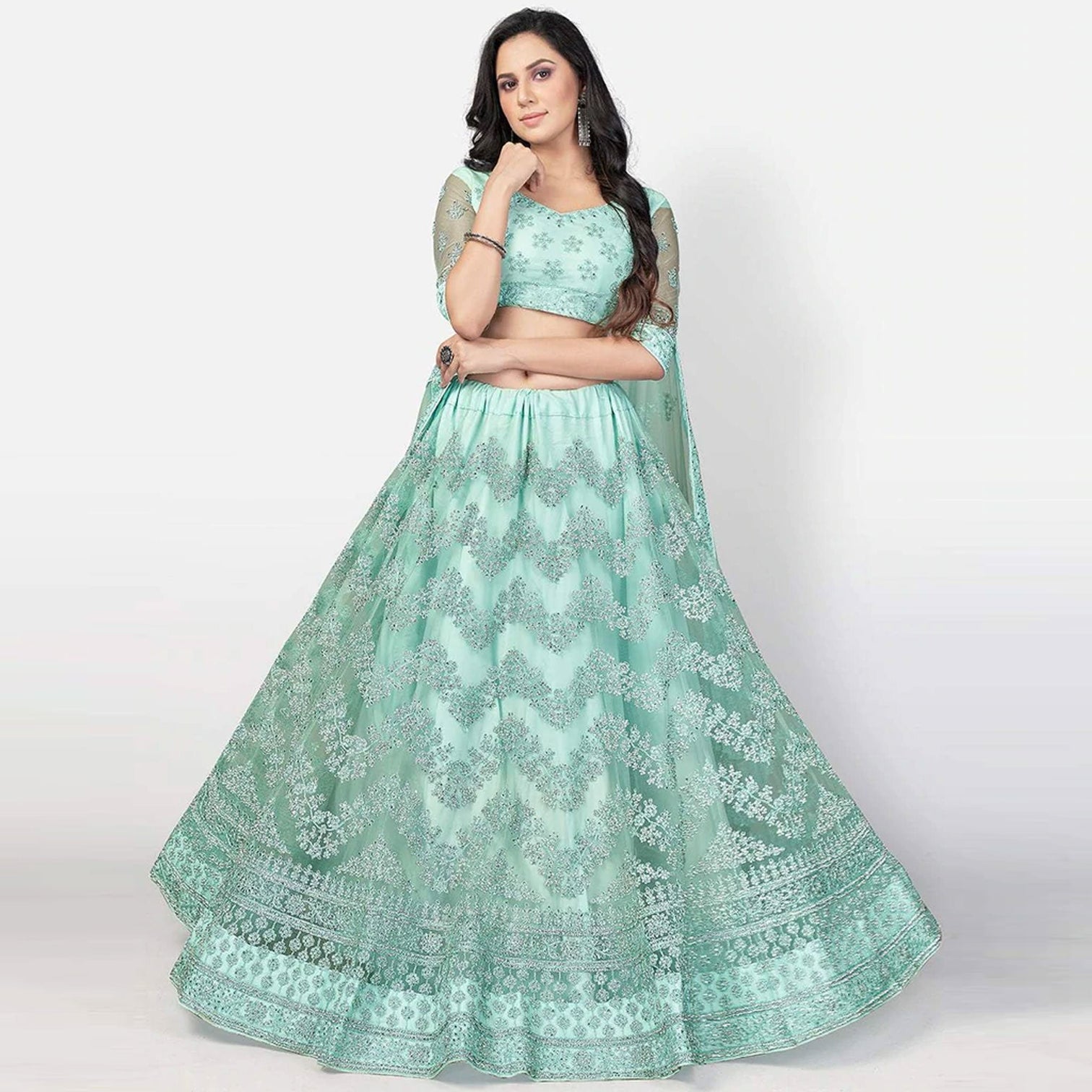 Summer Green Soft Net Embroidery and Zaken Work Lehenga choli