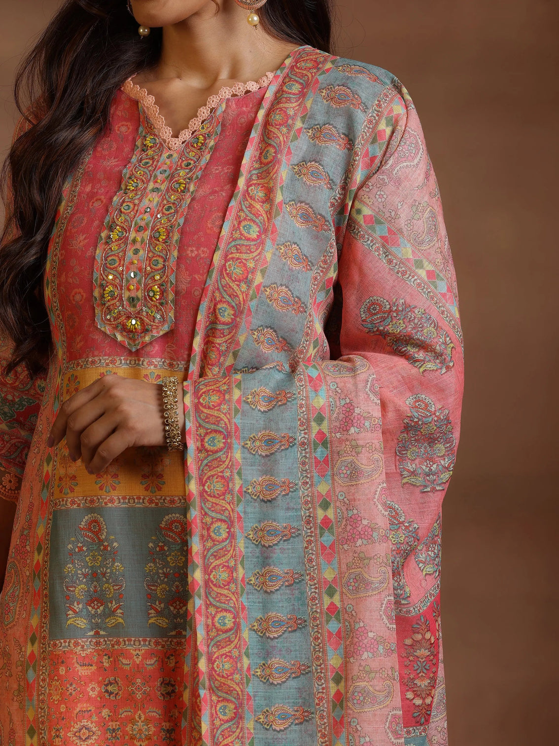 Mameraa Peach Printed Cotton Blend Straight Suit With Dupatta