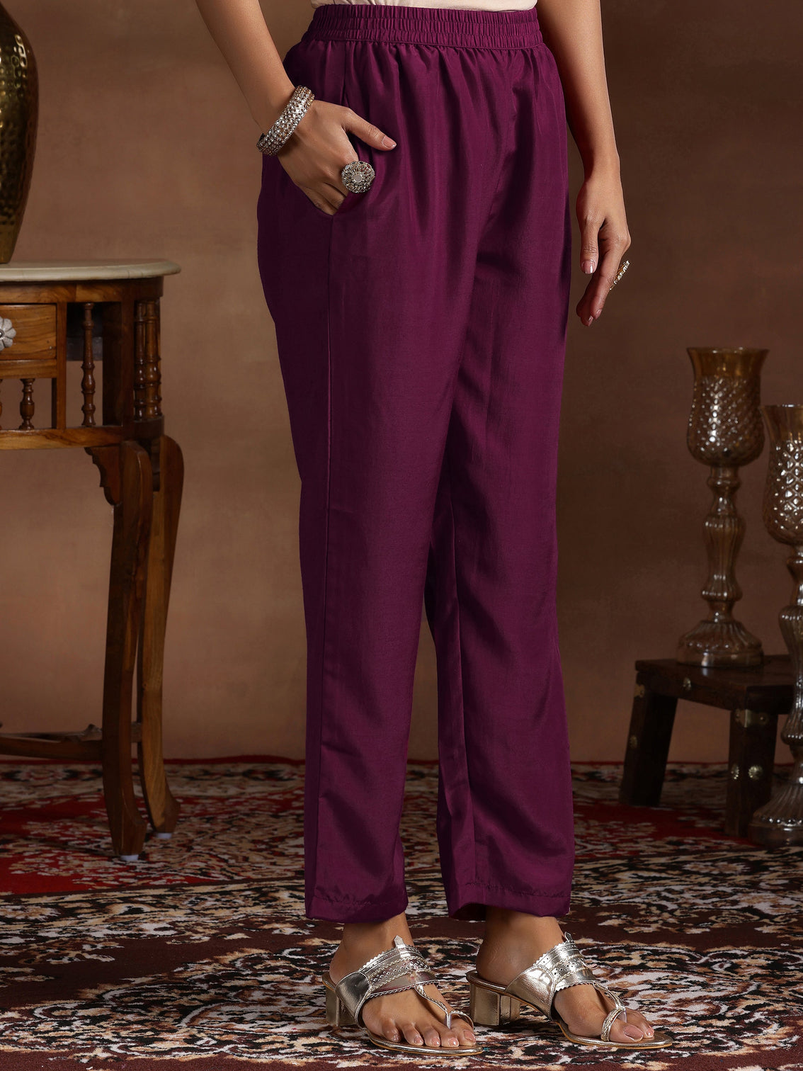 Mameraa Wine Embroidered Silk Blend Straight Suit With Dupatta