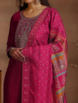Libas Red Embroidered Silk Blend Straight Suits With Dupatta