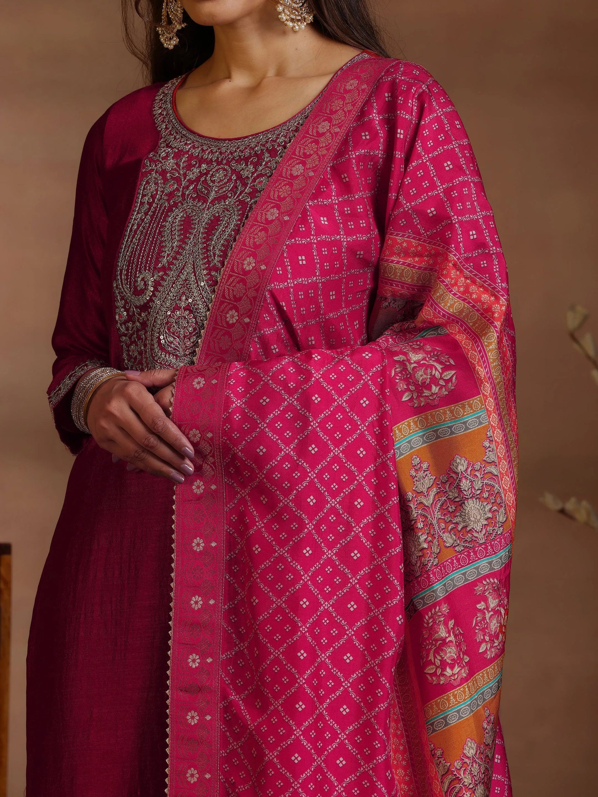 Libas Red Embroidered Silk Blend Straight Suits With Dupatta
