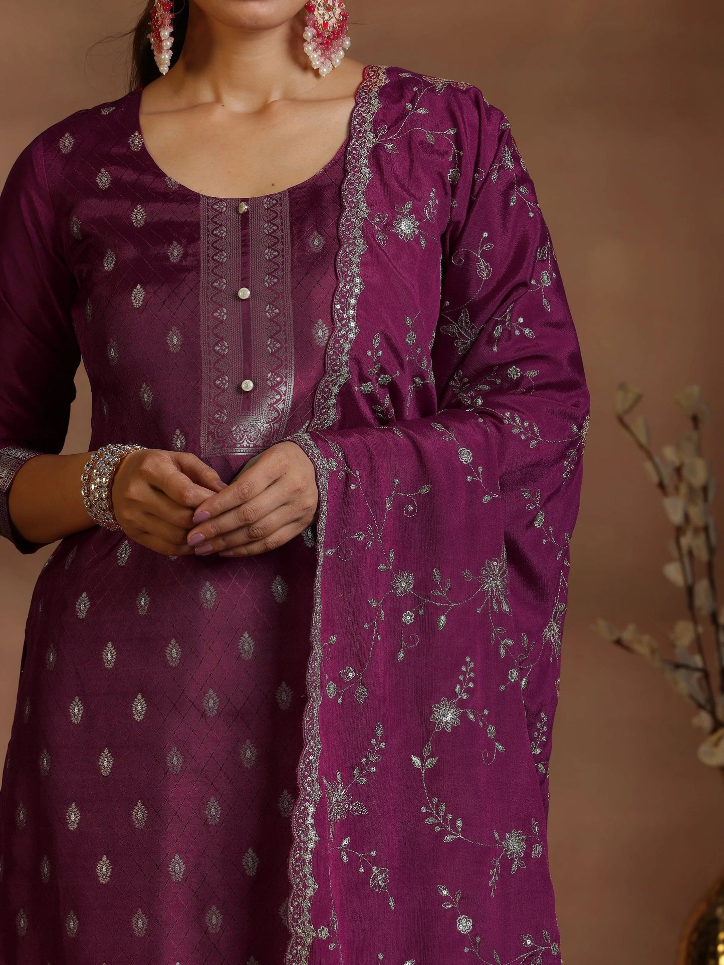 Libas Burgundy Woven Design Silk Blend Straight Suit With Dupatta