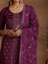 Libas Burgundy Woven Design Silk Blend Straight Suit With Dupatta