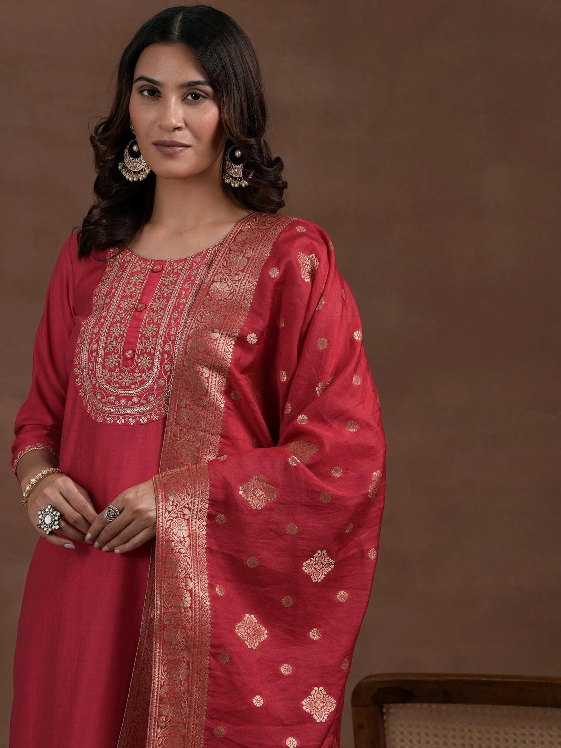Mameraa Pink Yoke Design Silk Blend Straight Suit With Dupatta