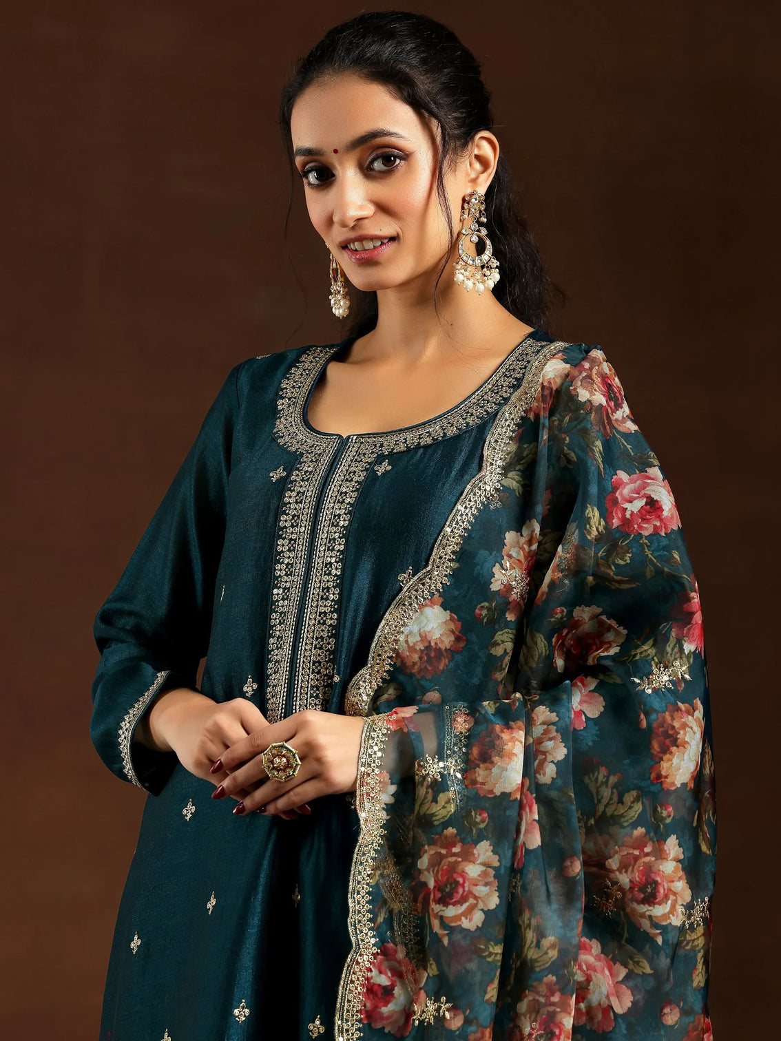 Mameraa Teal Embroidered Silk Blend Straight Suit With Dupatta