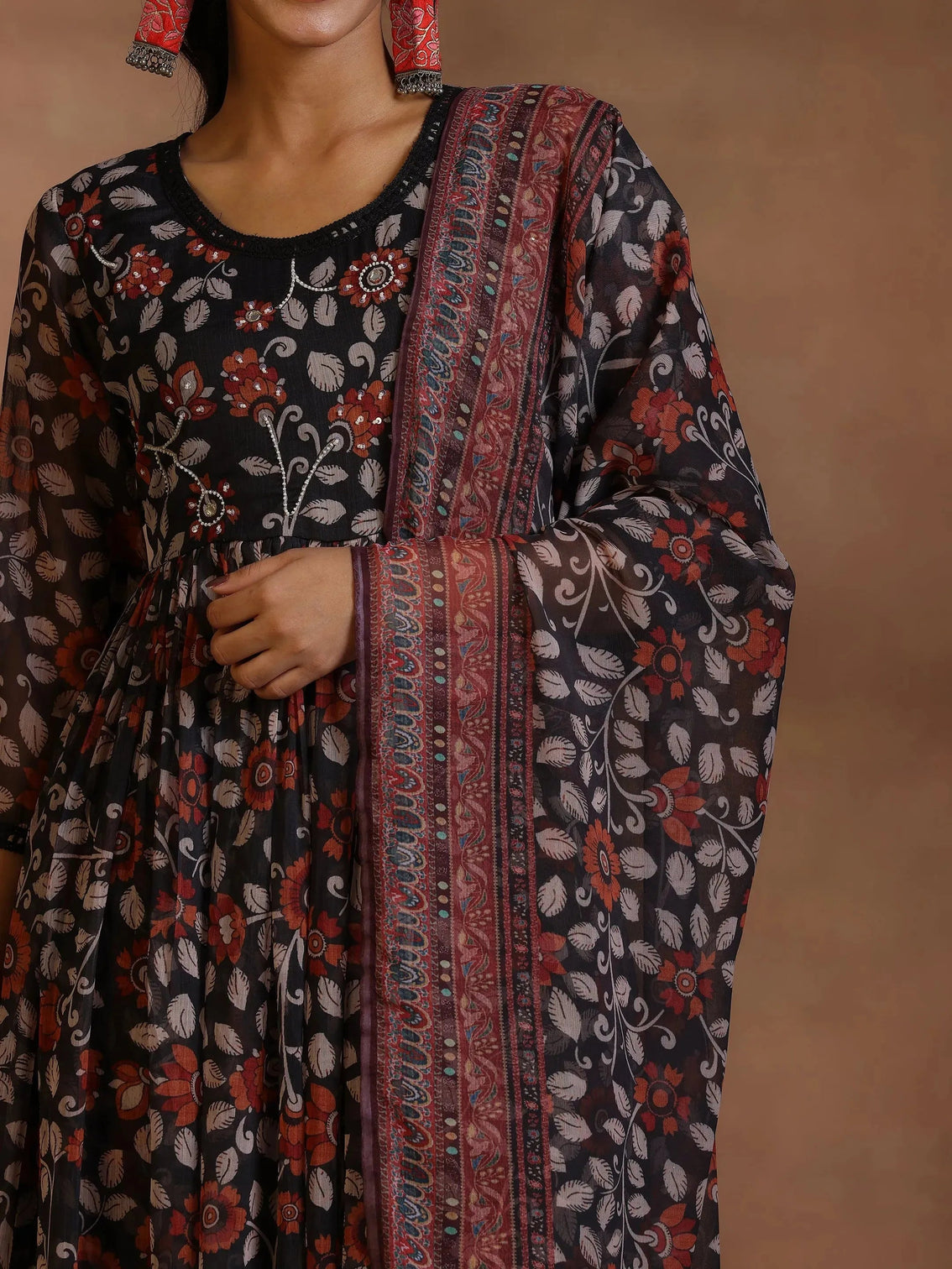 Mameraa Black Printed A-Line Kurta With Palazzos & Dupatta