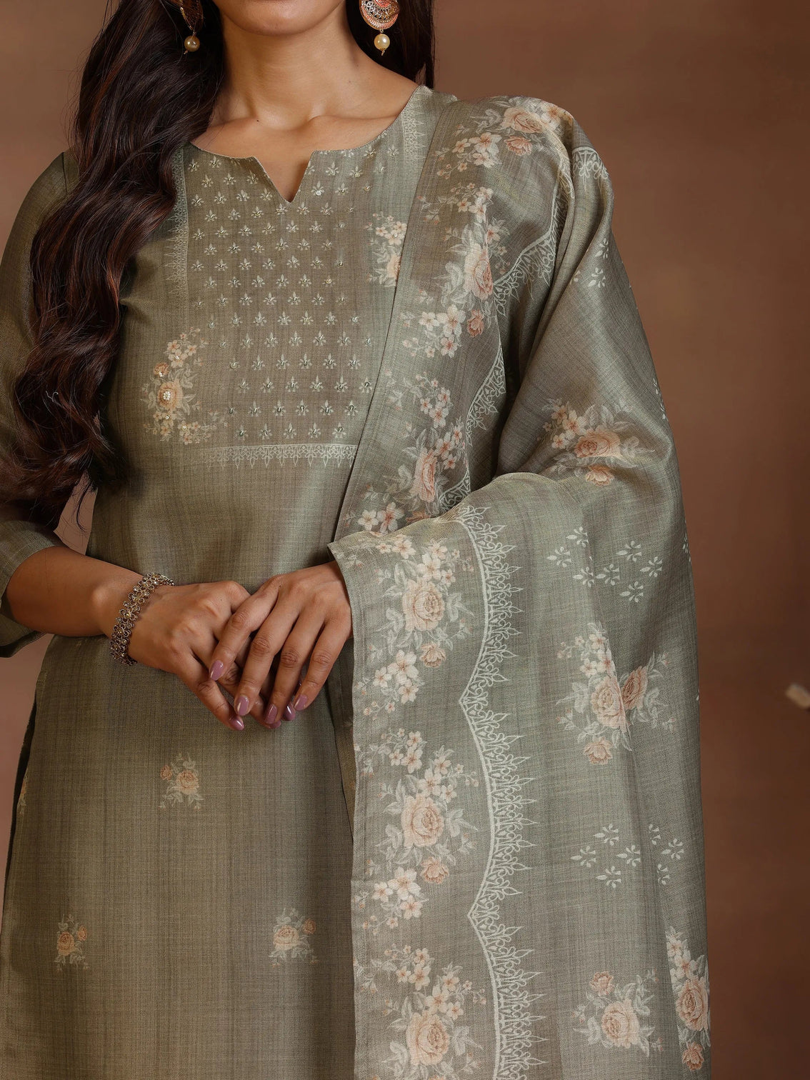 Mameraa Brown Printed Silk Straight Suit With Dupatta