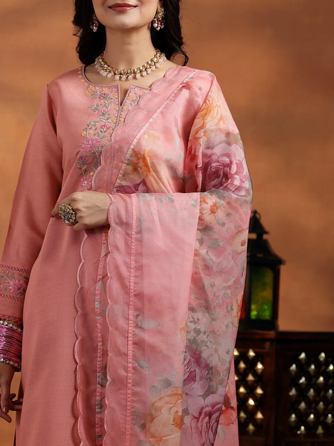 Mameraa Peach Yoke Design Silk Blend Straight Suit With Dupatta