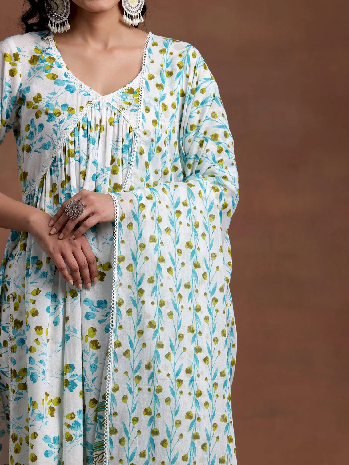 Mameraa Off White Printed Cotton A-Line Kurta With Palazzos & Dupatta