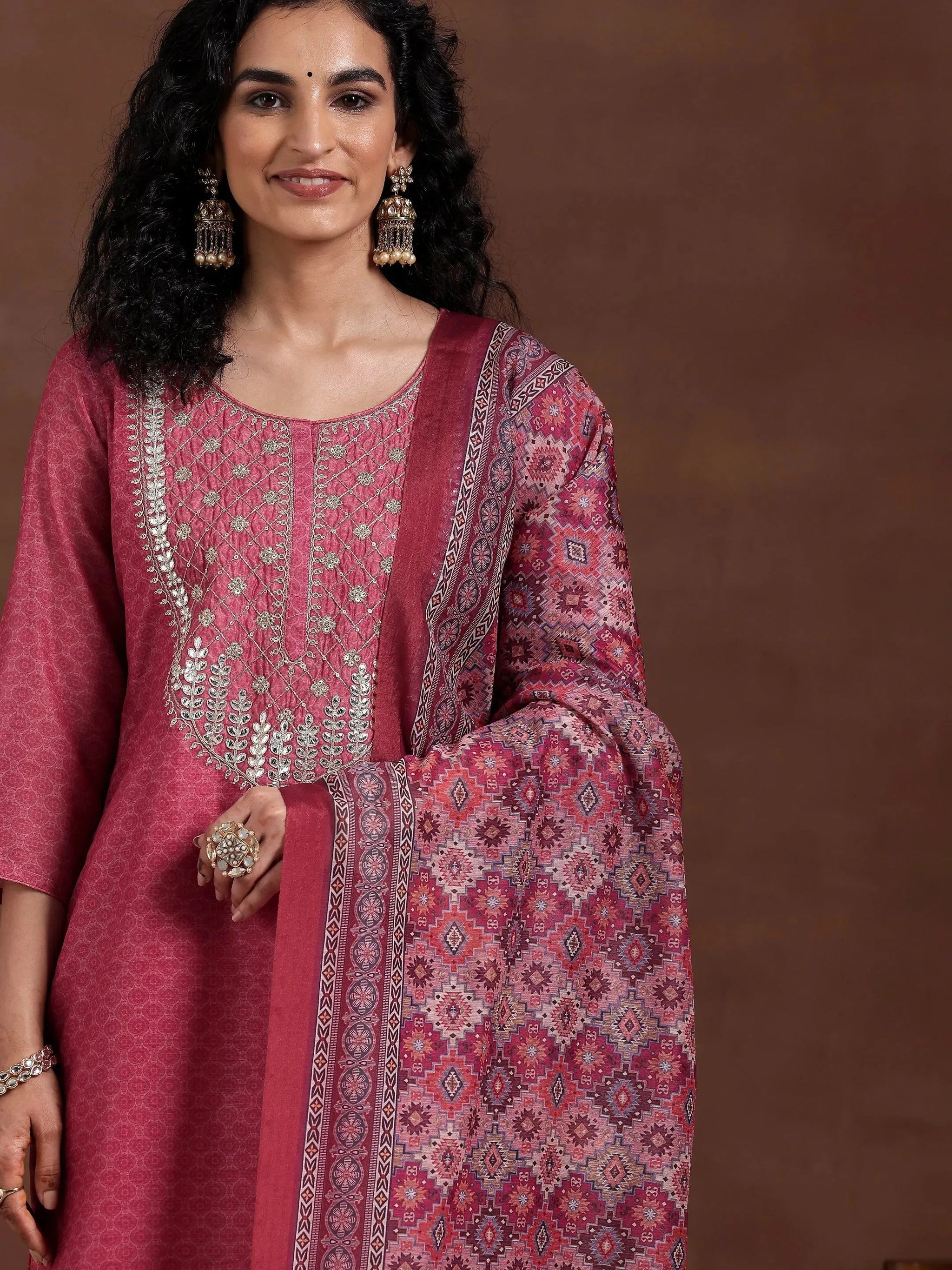 Gerua Pink Printed Silk Blend Straight Suit With Dupatta