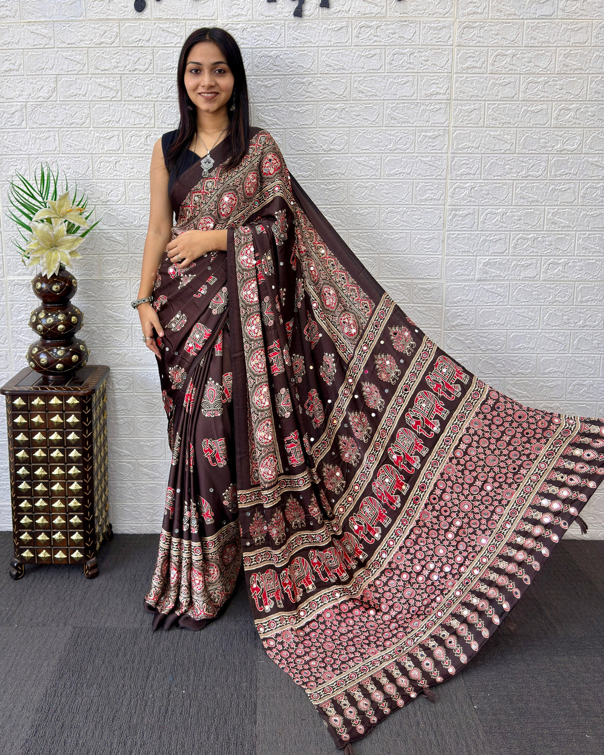Chocolate brown modal silk saree with elephant motif heritage print designer pallu traditional festive wear saree mameraa