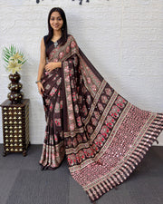 Chocolate brown modal silk saree with elephant motif heritage print designer pallu traditional festive wear saree mameraa