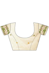 Cream Linen Cotton Silk  Saree Enhanced With Floral Zari Weaving & Tasselled Pallu Finish