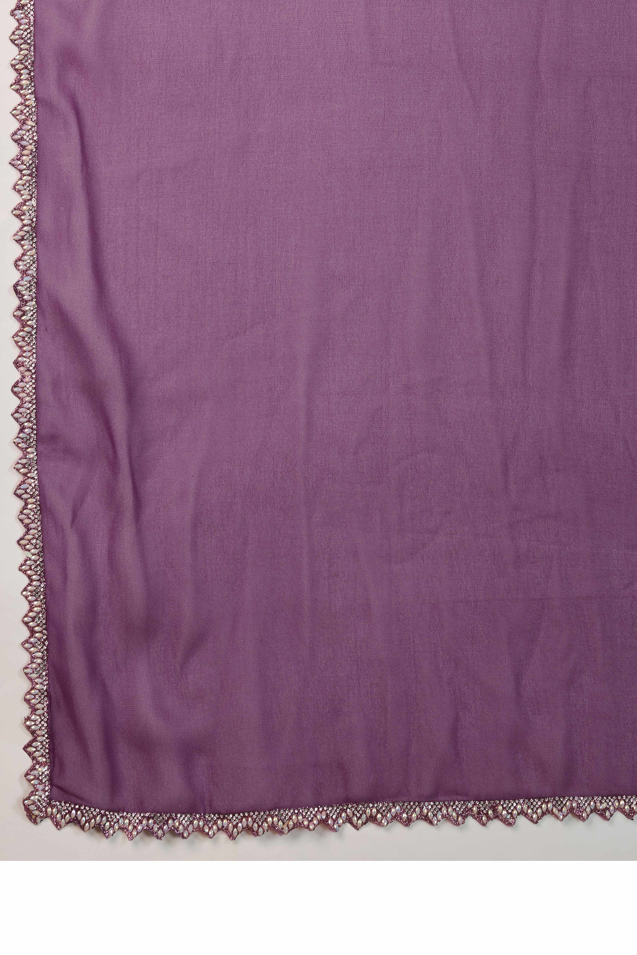 Orchid Purple Solid Matt Georgette Saree With Ceramic Embellished Lace Border