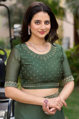 Green Solid Satin Chiffon Saree With Cutdana & Zarkan Handwork