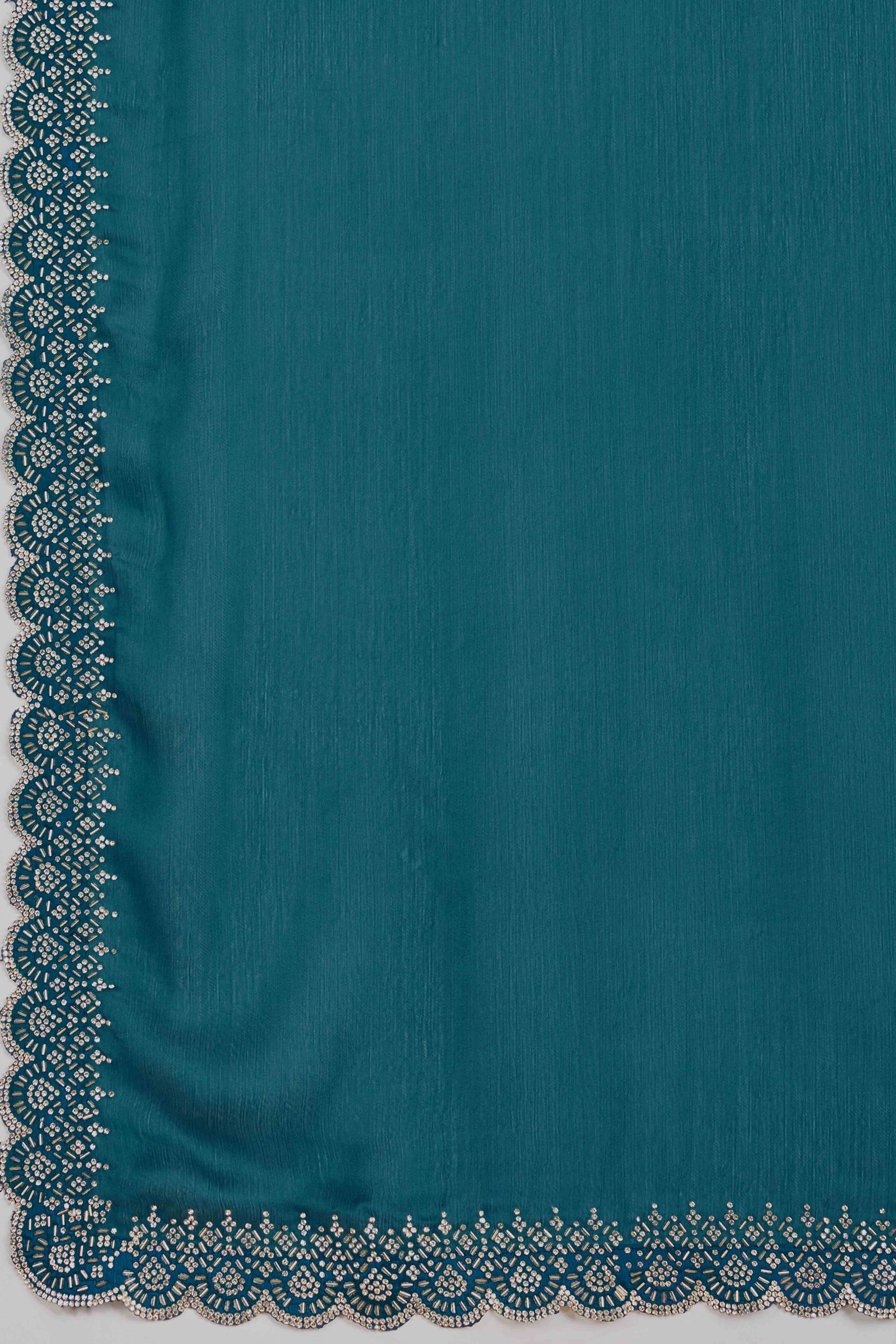 Rama Blue Solid Satin Chiffon Saree With Cutdana & Zarkan Handwork