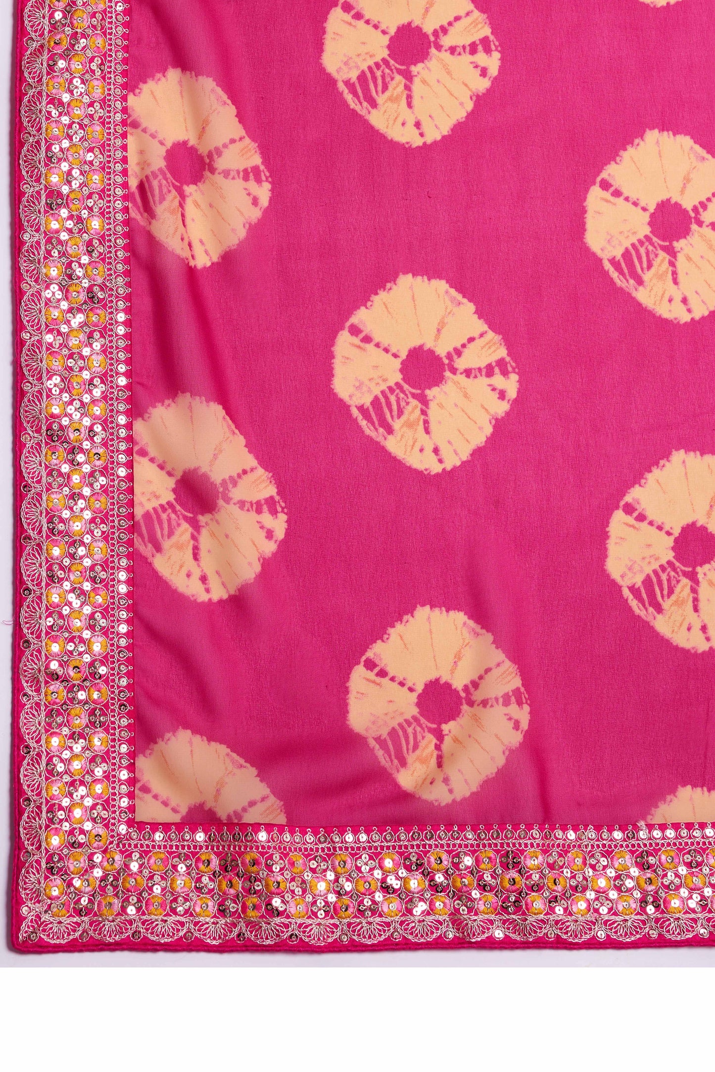 Pink Georgette Saree with Contemporary Tie-Dye Patterns and Classic Lace Work Finish