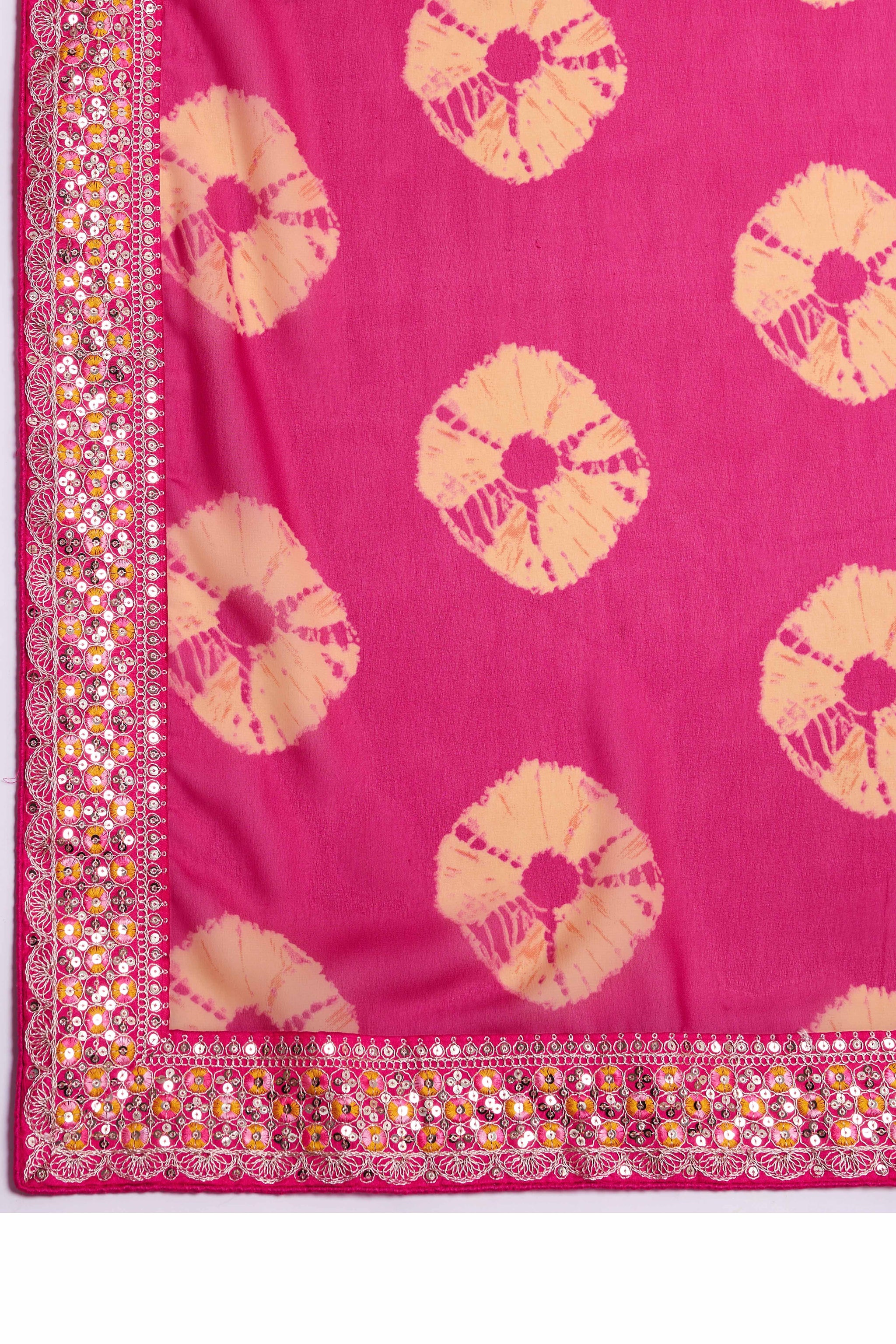 Pink Georgette Saree with Contemporary Tie-Dye Patterns and Classic Lace Work Finish