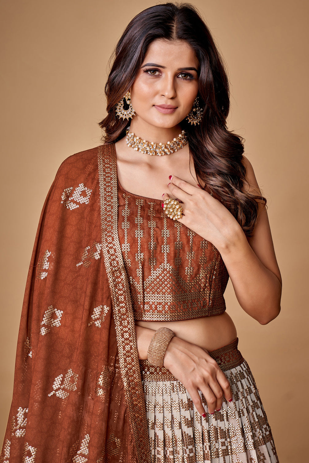 Brown Sequins Work Georgette Wedding Wear Lehenga Choli