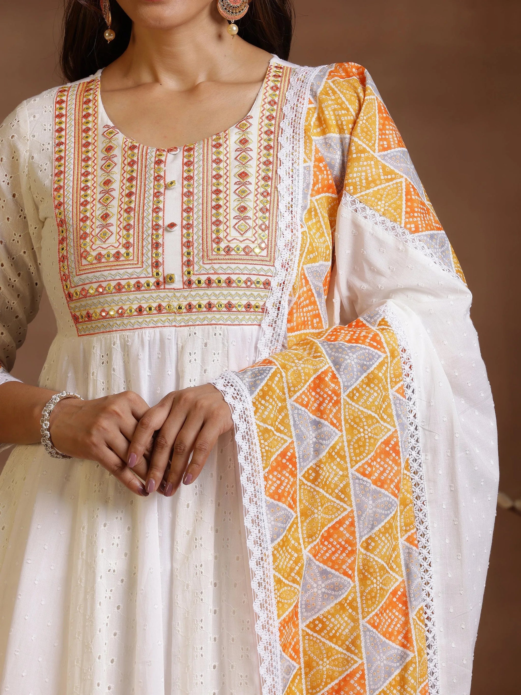 Libas White Self Design Cotton Anarkali Suit With Dupatta