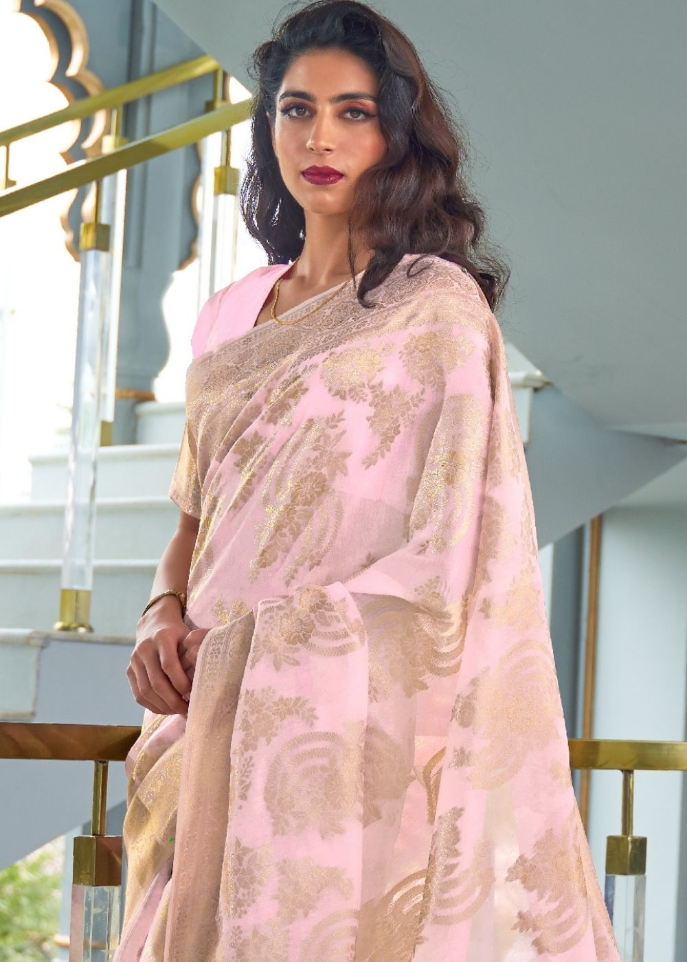 Flamingo Pink Zari Woven Designer Silk Saree