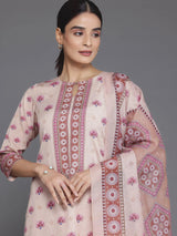 Libas Peach Printed Poly Crepe Straight Suit With Dupatta
