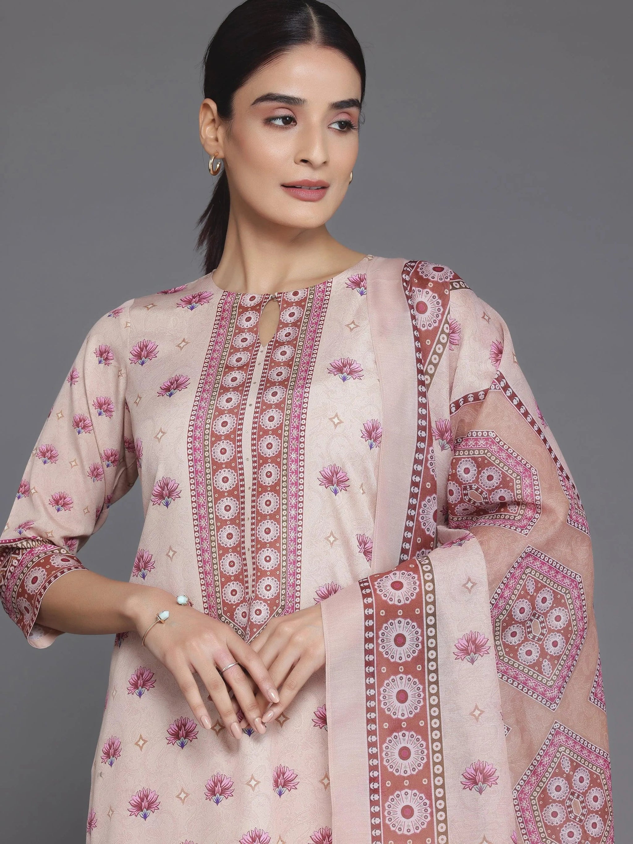 Libas Peach Printed Poly Crepe Straight Suit With Dupatta