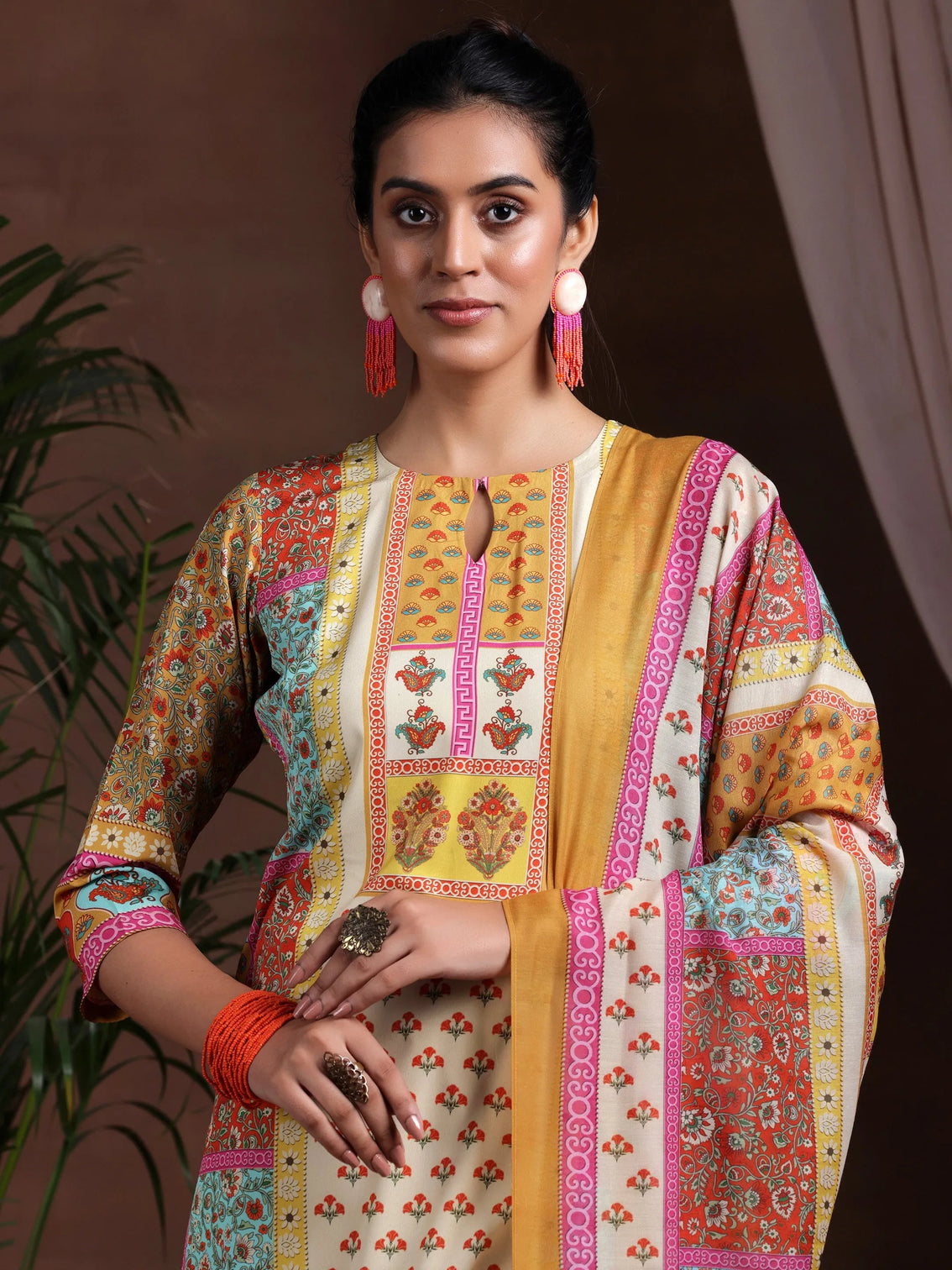 Mameraa Mustard Printed Poly Crepe Straight Suit With Dupatta