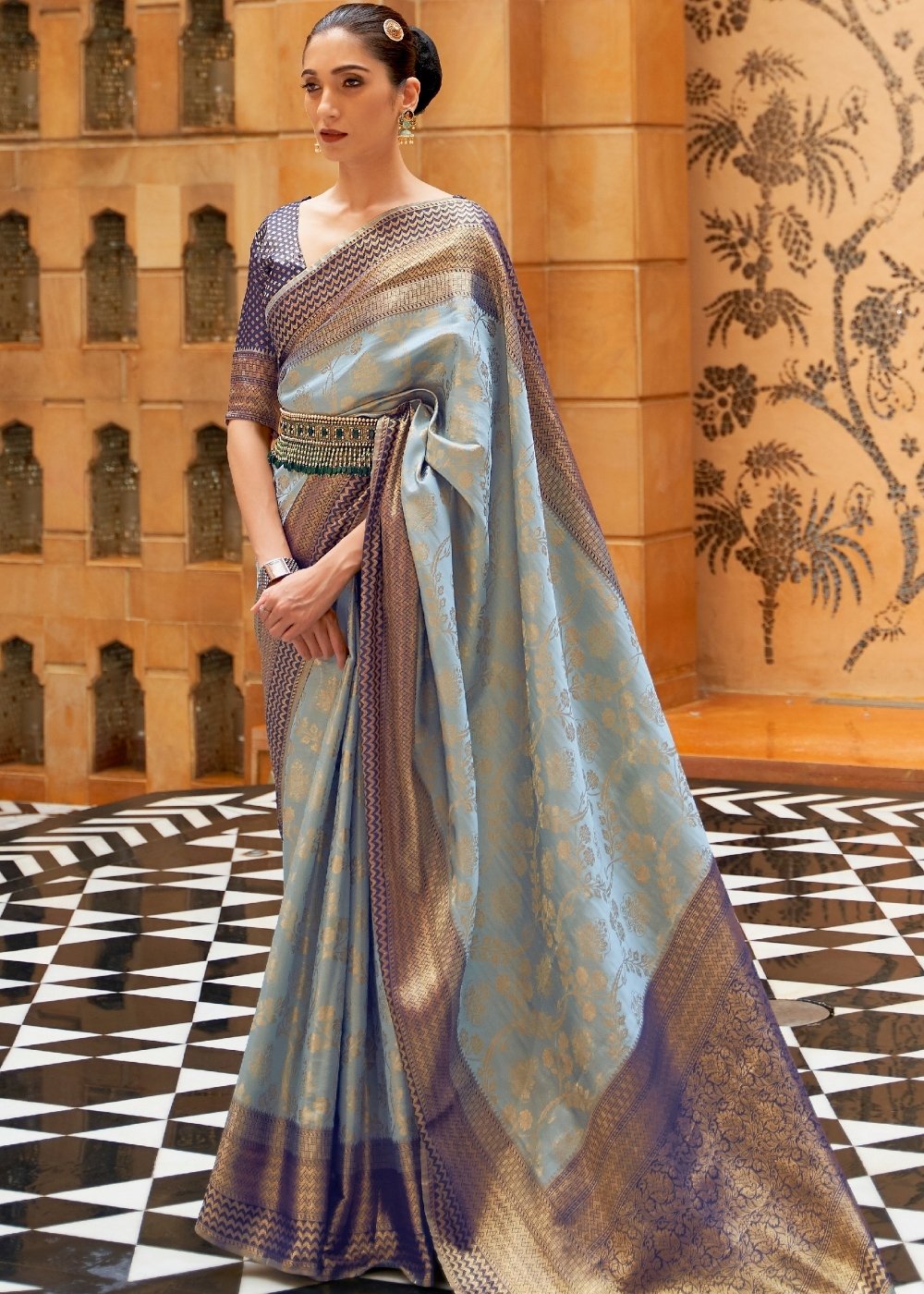 Coral Blue Zari Woven Kanjivaram Silk Saree