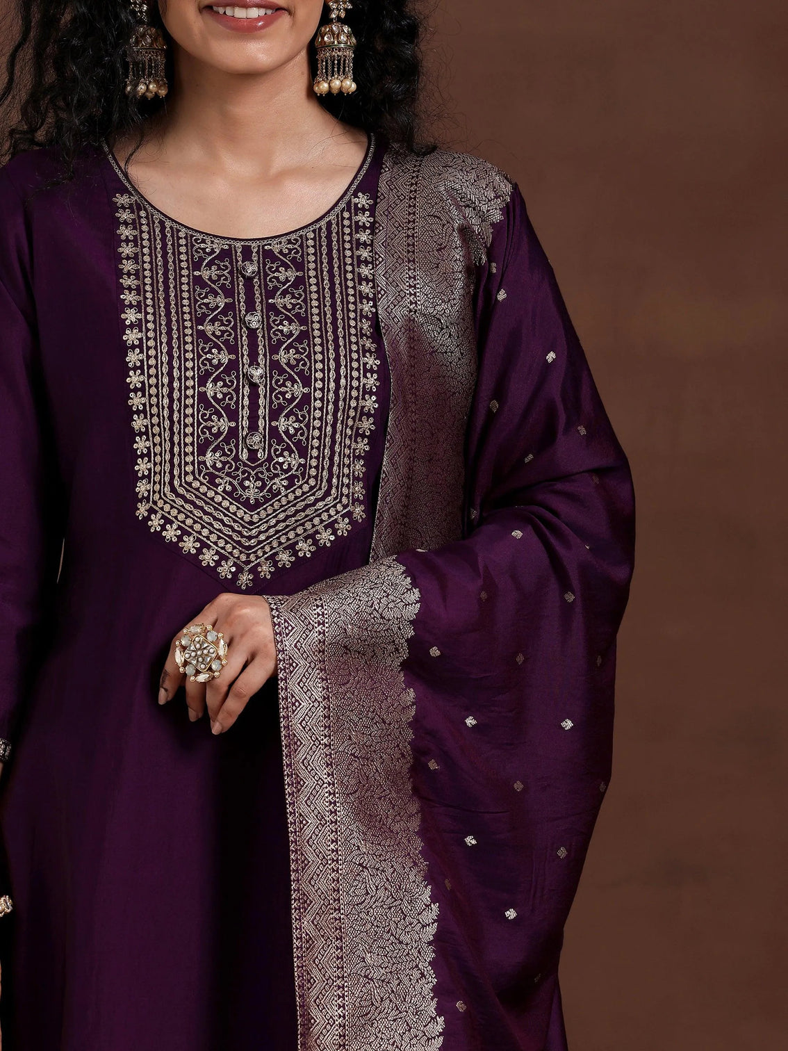 Mameraa Wine Yoke Design Silk Blend Straight Suit With Dupatta