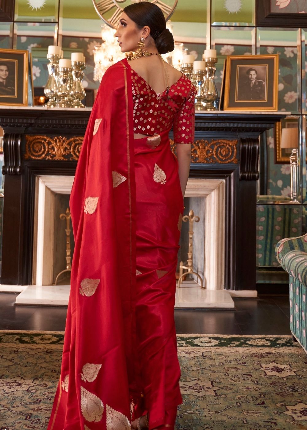 Rose Red Zari Butta Woven Banarasi Silk Saree : Top Pick