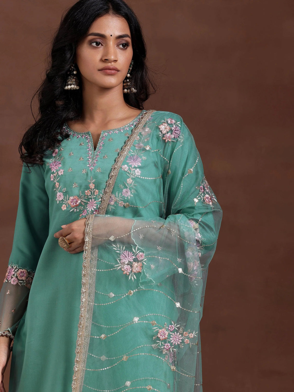 Mameraa Green Yoke Design Silk Blend Straight Suit With Dupatta