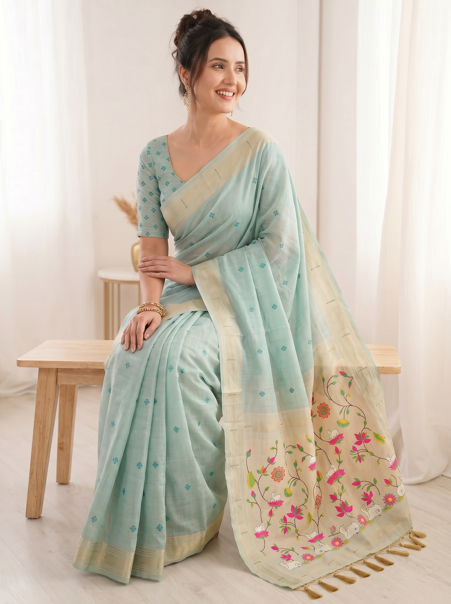 Sky Premium Soft Muga Cotton Saree with Paithani Swan Meenakari Pallu