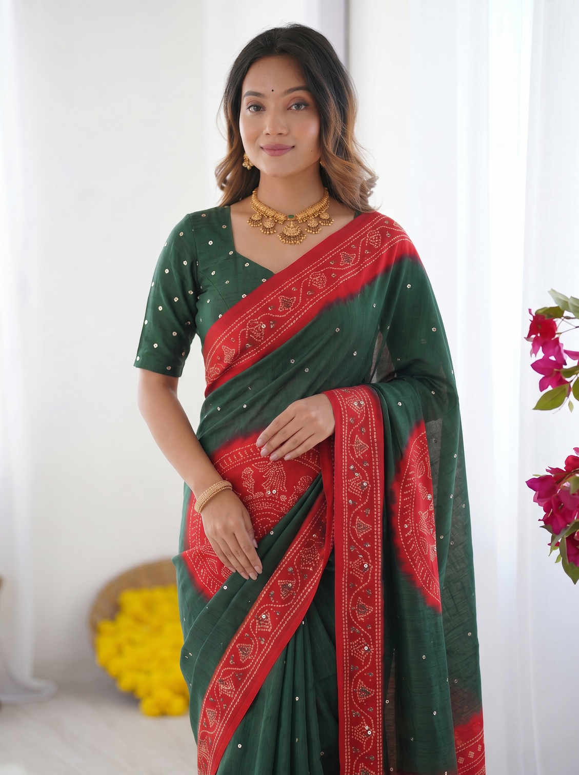 Bottle green ruby red bandhani inspired cotton silk saree with traditional folk print border designer pallu