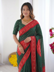 Bottle green ruby red bandhani inspired cotton silk saree with traditional folk print border designer pallu