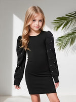 image, Girls Black Pearl Embellished Puff Sleeve Bodycon Dress