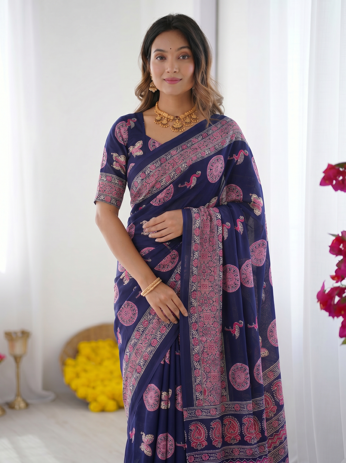 Navy blue modal silk saree with paisley circular motif print designer heritage pallu saree for festive wear