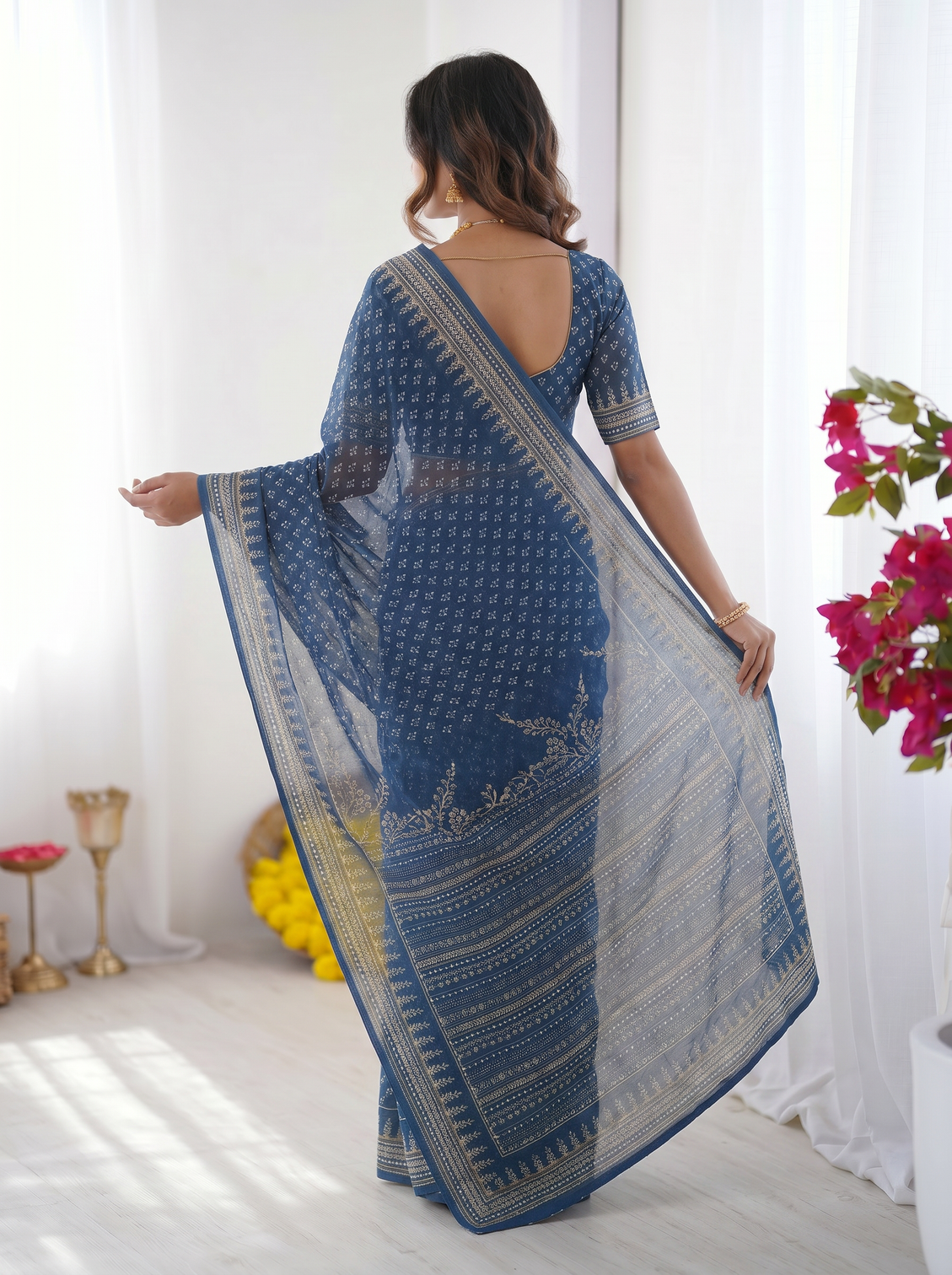 Steel blue modal silk saree with delicate floral butti prints traditional heritage border elegant designer pallu